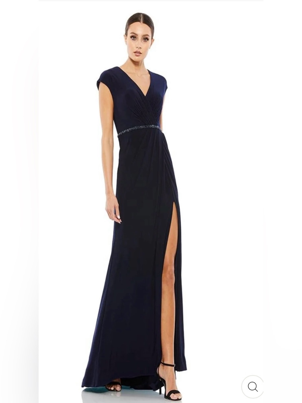 Mac Duggal Navy Blue V‑Neck Maxi Gown with Thigh Slit